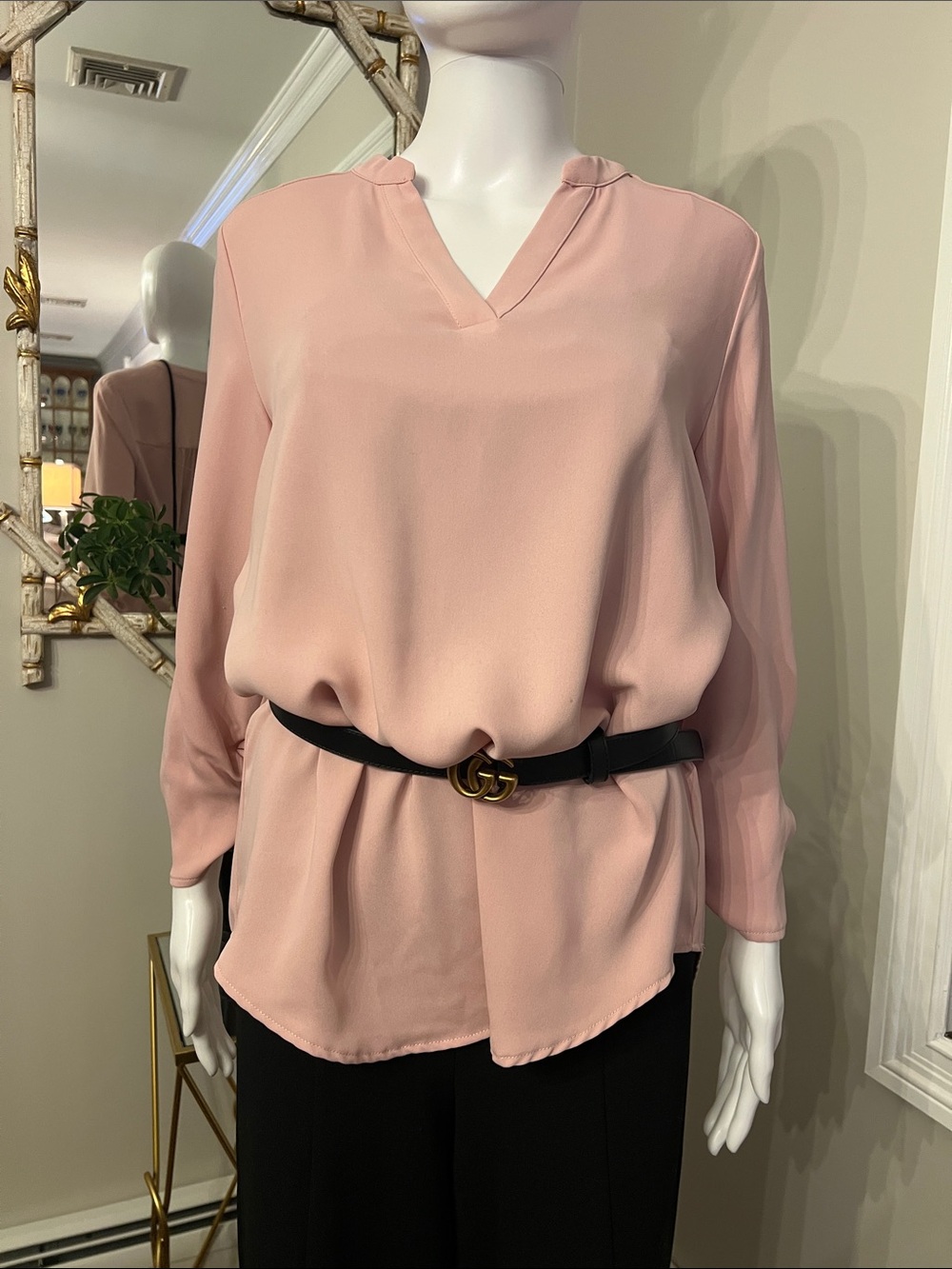 Tahari Blush Pink V-Neck Long-Sleeve Blouse